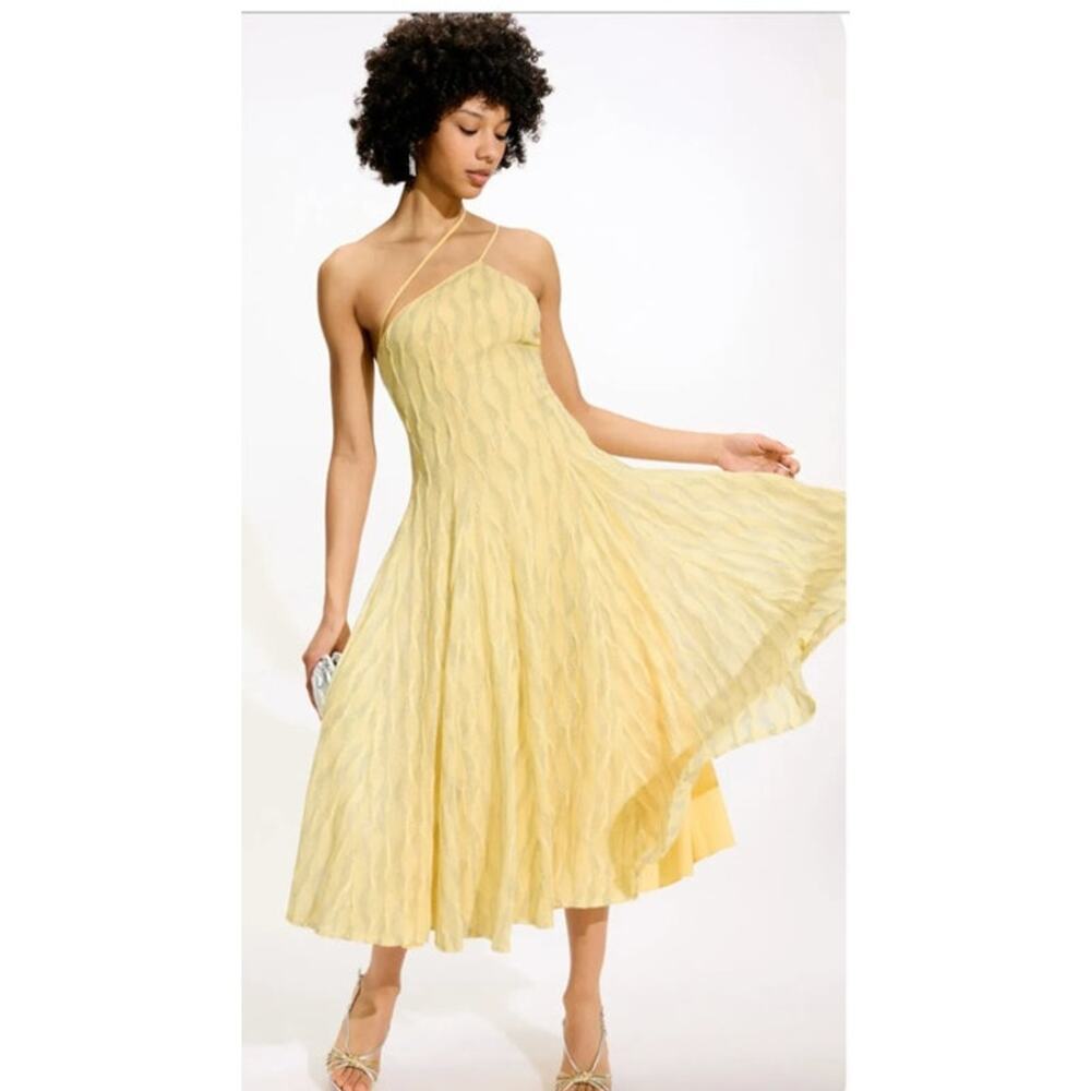 Black Halo Athena Midi Dress Metallic Asymmetric Neck Yellow Small
